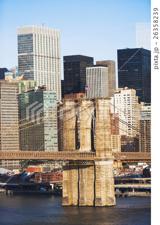 USA, New York State, New York City, Manhattan, Brooklyn Bridge and office buildings 26358239