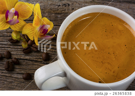 White cup of morning coffee, top view 26365838