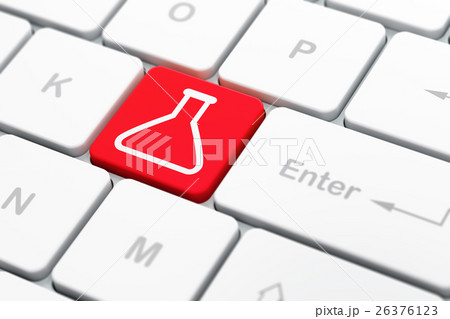 Science concept: Flask on computer keyboard Science concept: Flask on computer keyboard 26376123
