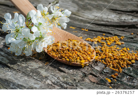 Bee pollen in a wooden spoon and flowers of spring 26376257
