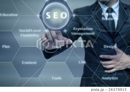 Businessman touching the SEO icon with business success virtual screen on Businessman touching the Invest icon Businessman touching the SEO icon with business success virtual screen on Businessman touching the Invest icon 26379915