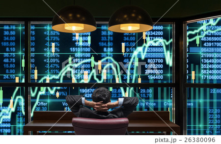 Back side of sitting businessman who is looking at trading graph of stock market exchange on the big screen background, Business trading and finance concept Back side of sitting businessman who is looking at trading graph of stock market exchange on the big screen background, Business trading and finance concept 26380096