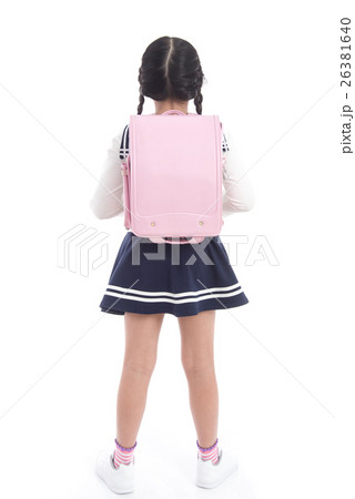 Asian child in school uniform with pink school bag Asian child in school uniform with pink school bag 26381640