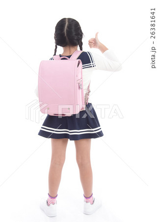 Asian child in school uniform with pink school bag Asian child in school uniform with pink school bag 26381641