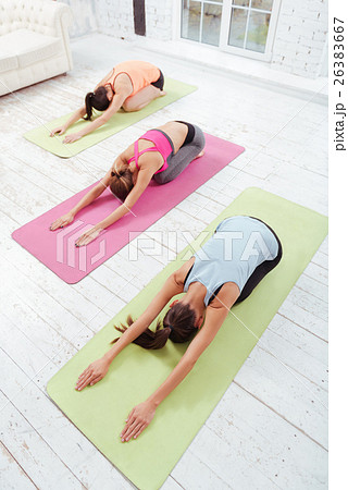 Top view of young girls stretching in gym 26383667