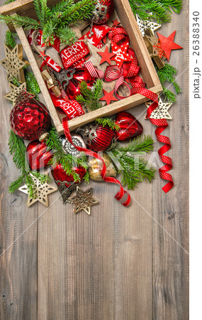 Christmas decorations red stars, baubles, ribbons. 26388340