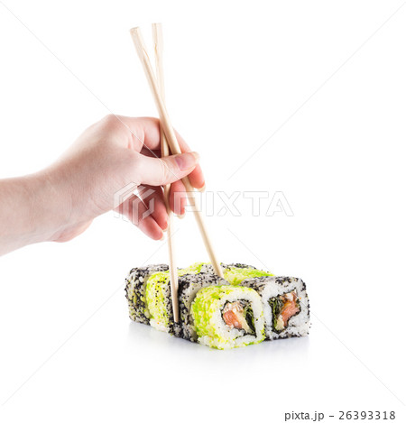 Roll the delicious sushi on a white background. 26393318