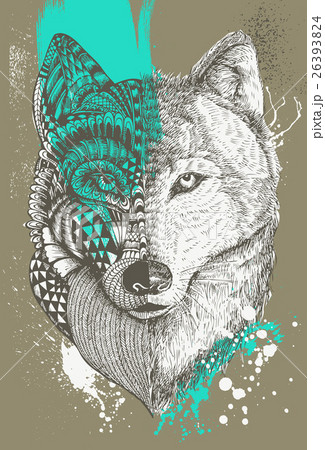 Zentangle stylized wolf with paint splattersのイラスト素材
