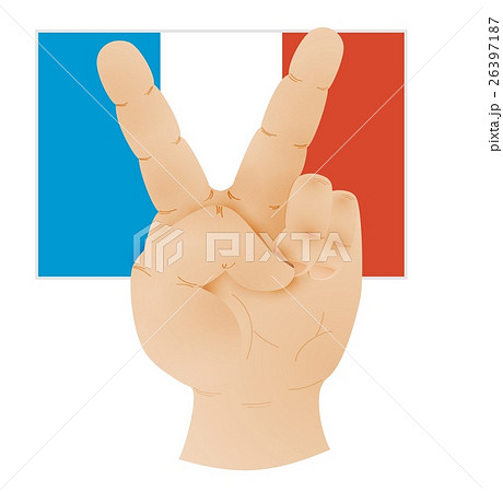 hand showing peace sign and flag of france 26397187