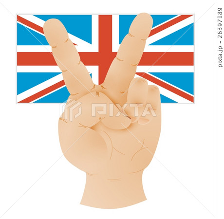 hand showing peace sign and flag of united kingdom 26397189