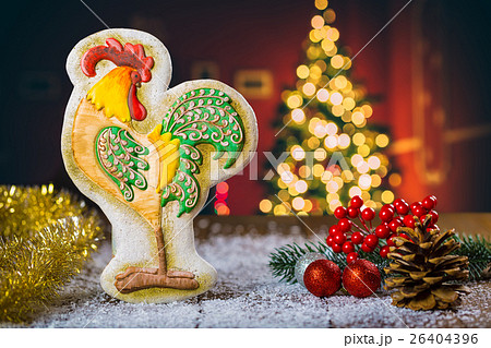 Christmas background with gingerbread the cock  26404396