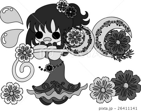 可愛い女の子とコスモスの魔法の杖のイラスト素材