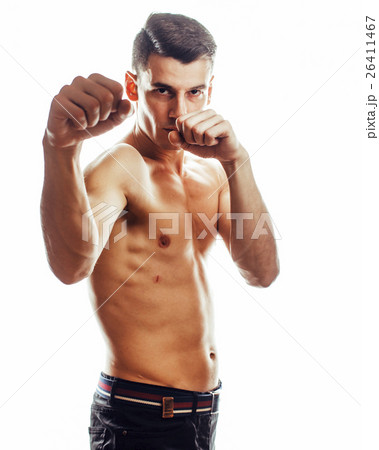 young handsome naked torso man boxing on white 26411467