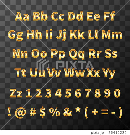 Glossy metal font. Golden letters and numbers on 26412222
