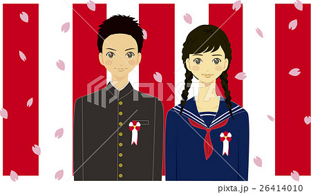 中学生男女舞い散る桜の花びら紅白幕イラストのイラスト素材