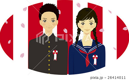 中学生男女舞い散る桜の花びらと紅白幕イラスト楕円 26414011