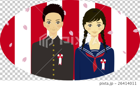 中学生男女舞い散る桜の花びらと紅白幕イラスト楕円 26414011