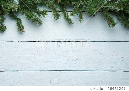 Fir branches decorated white wooden board 26421291