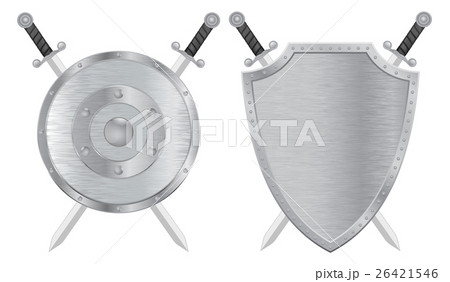 Swords and shield. Metal brushed medieval shield. Swords and shield. Metal brushed medieval shield. 26421546