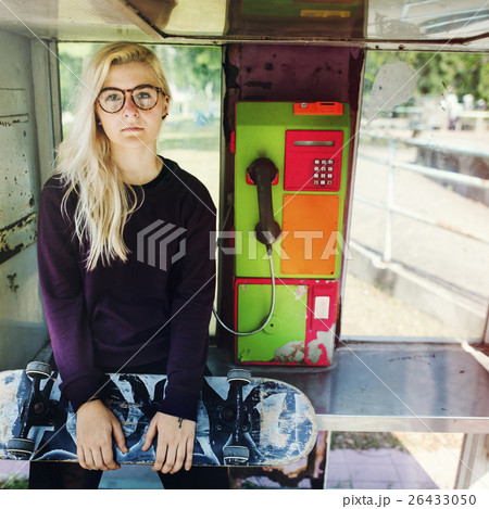Woman Sitting Telephone Skateboard Concept Woman Sitting Telephone Skateboard Concept 26433050