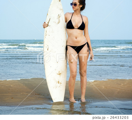 Woman Beach Summer Holiday Vacation Surfing Concept Woman Beach Summer Holiday Vacation Surfing Concept 26433203