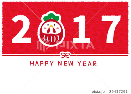 年賀状17 年賀状テンプレート 赤 だるまのニワトリのイラスト素材