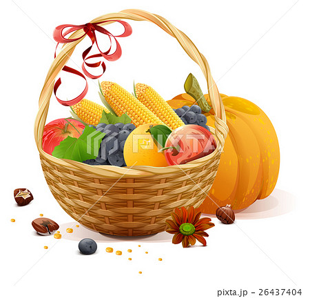 Fruits and vegetables in wicker basket. Rich 26437404