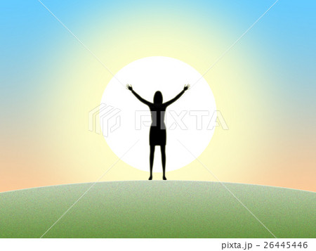 輝く太陽と両手を広げる女性のシルエットのイラスト素材