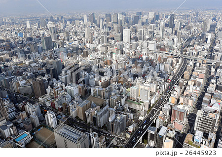 大阪市街を空撮の写真素材