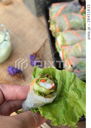 Salad rolls vegetable with tuna and crab stick. 26451615