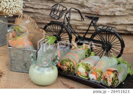 Salad rolls vegetable with tuna and crab stick. Salad rolls vegetable with tuna and crab stick. 26451623