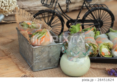 Salad rolls vegetable with tuna and crab stick. Salad rolls vegetable with tuna and crab stick. 26451624