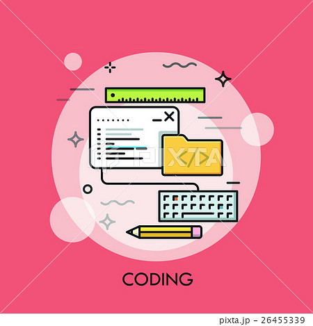 Program code window, keyboard, pencil, ruler and Program code window, keyboard, pencil, ruler and 26455339