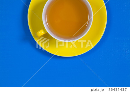 Perfect cup of tea on blue wooden table 26455437