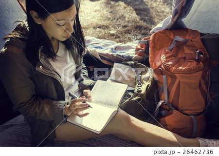 Woman Reading Traveling Destination Camping Concept Woman Reading Traveling Destination Camping Concept 26462736