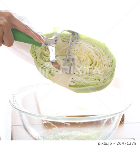 ピーラーでキャベツの千切りを作る女性 26471278