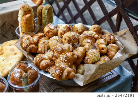 Freshly baked sweet buns or bread rolls at market 26472191