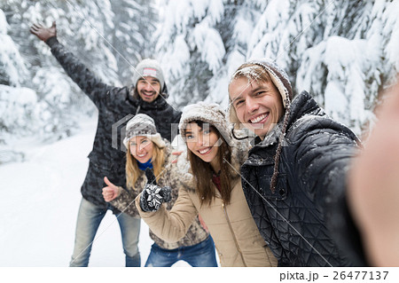Man Taking Selfie Photo Friends Smile Snow Forest 26477137