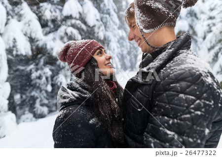 Young Romantic Couple In Snow Forest Outdoor Man 26477322