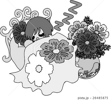 コスモスのベッドで眠る可愛い女の子のイラスト素材