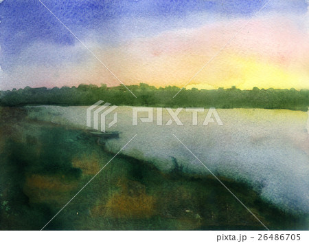 watercolor sketch: landscape with sunset 26486705