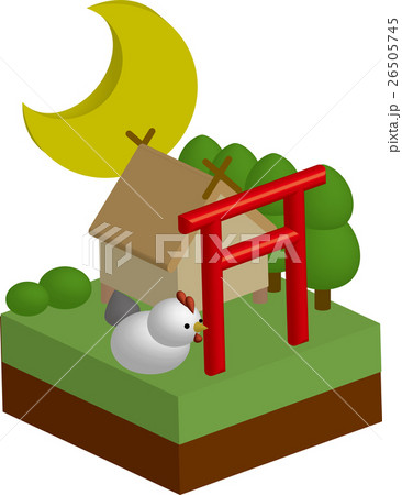立体箱庭 神社と鶏と月のイラスト素材