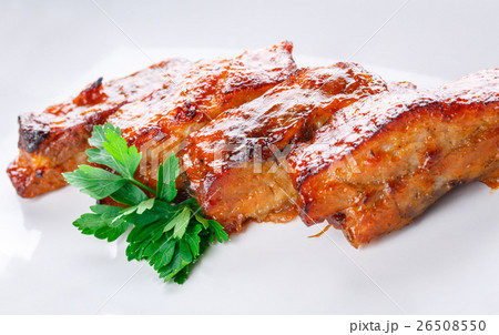 Restaurant food - grilled steak on white 26508550