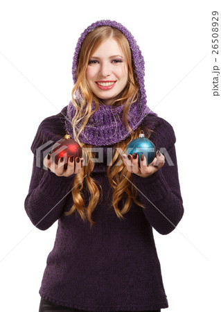 Smiling beautiful woman in pullover and purple scarf with bright 26508929