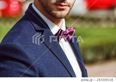 Young man with a beard in blue jacket with bowtie Young man with a beard in blue jacket with bowtie 26509538