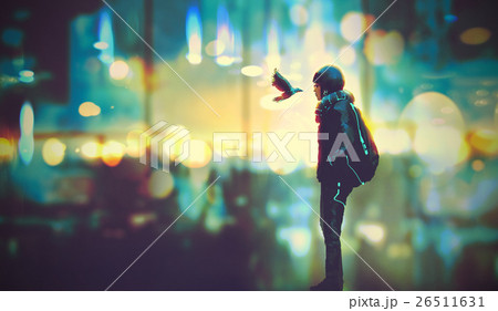 futuristic girl and a bird look each other 26511631
