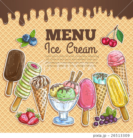 Ice cream menu color sketch on wafer background Ice cream menu color sketch on wafer background 26513309