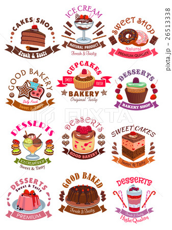 Sweet desserts, cakes, cupcakes vector icons 26513338