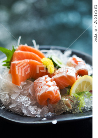 Fresh Salmon sashimi on decoration plate Fresh Salmon sashimi on decoration plate 26513581