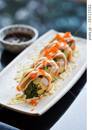 Delicious Sushi rolls on plate 26513582